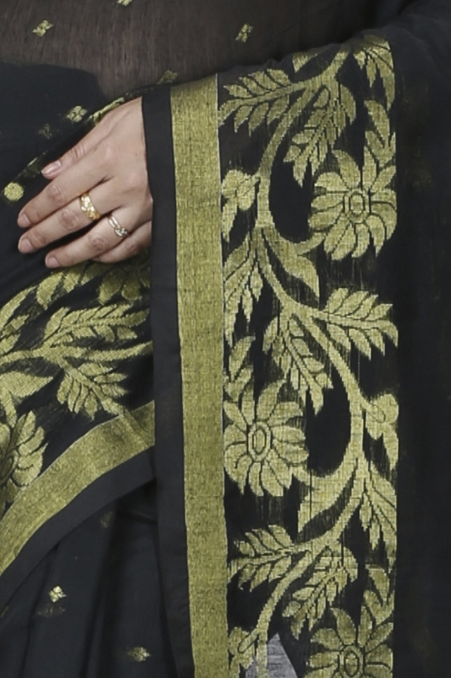Black Blended Cotton Turik Hand Loom Saree (1249)